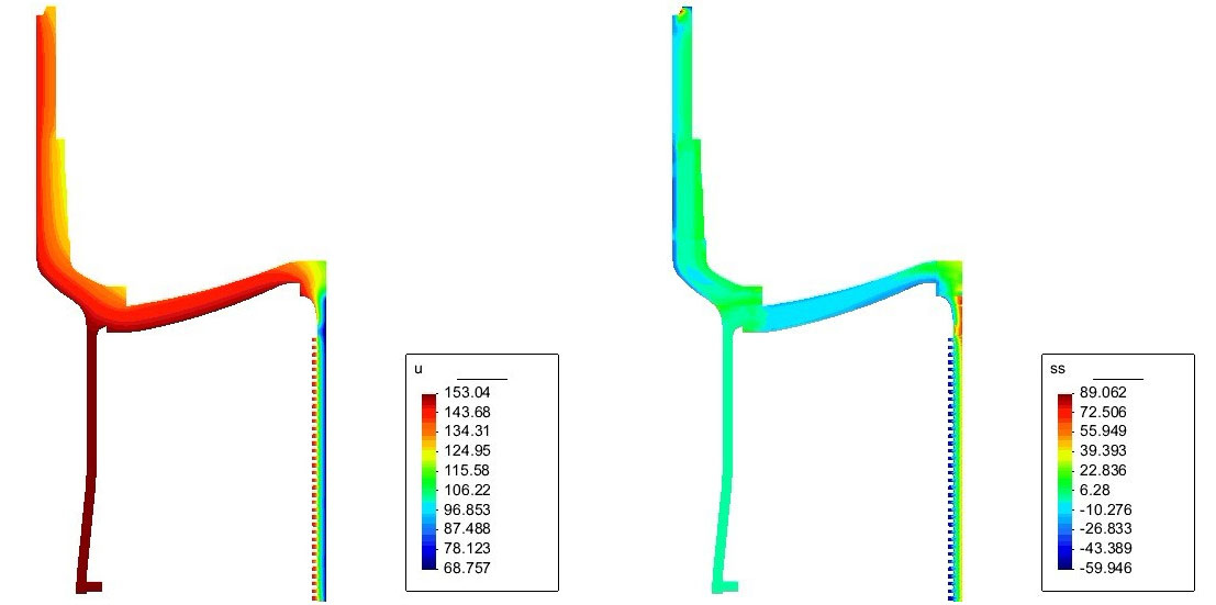 溫度邊界下(工況二)構件溫度場分布云圖VS溫度邊界下(工況二)構件環向應力分布云圖,機械行業應用解決方案